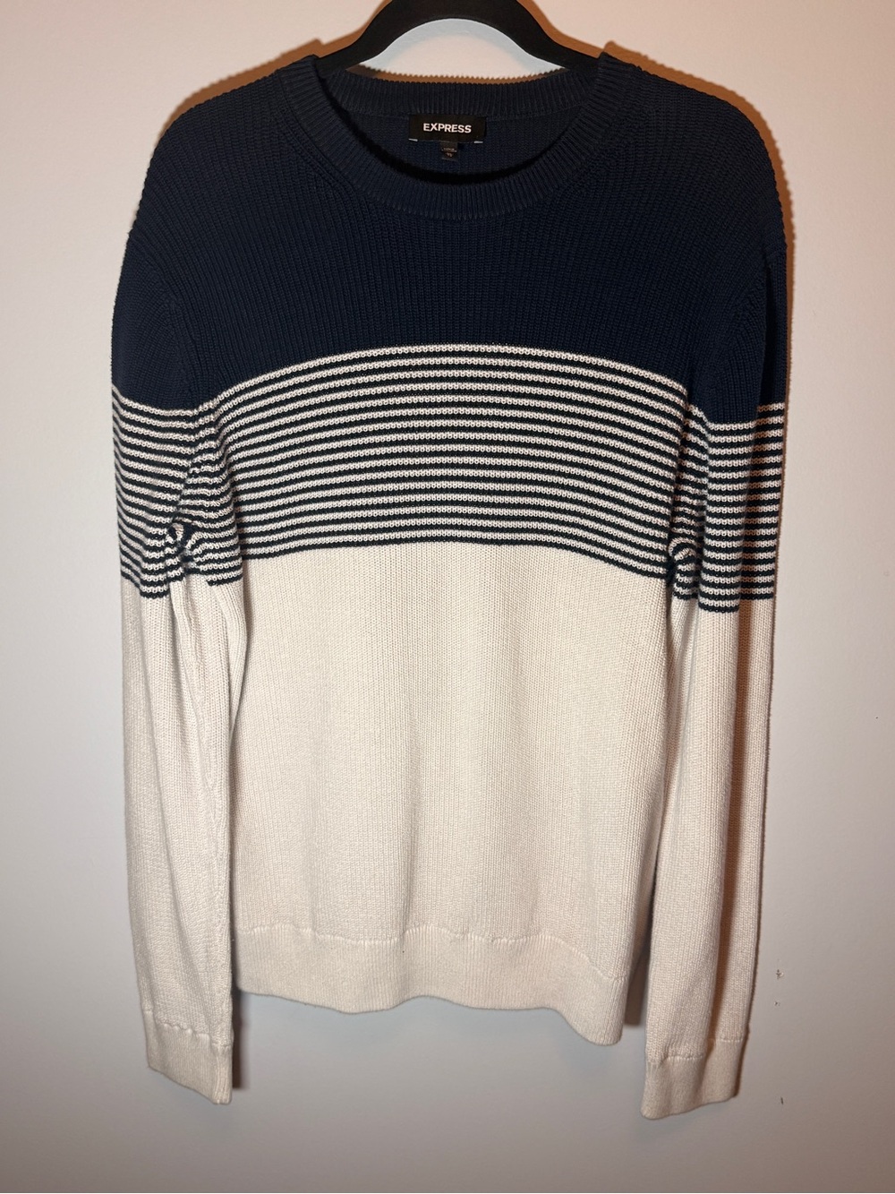 Express Navy and White Striped Crew Sweater